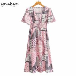Holiday Summer Dress Women Vintage Patchwork Print V Neck Short Sleeve Femme Elastic Waist A-line Midi Casual Robe 210430