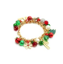 Gold Tone Christmas Bracelet Party Favor X-Mas Holiday Jingle Bells Charm Beaded Crystal Ball Wristband