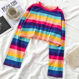 Spring Autumn Women's Long-sleeved Shirt O-neck Patchwork Striped Rainbow Colors Loose Short Shirts Woman Tees Female Tops PL043 210506