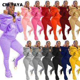 CM.YAYA Women's Set Open Back Hooded Puff Sleeve Tops Stacked Slit Pants Suit Active Wear Tracksuit Two Piece Fitness Outfit 210930