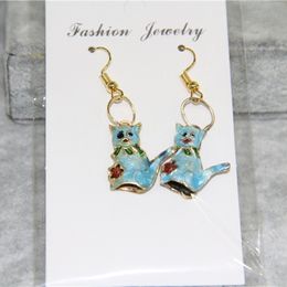 Handcrafted Colourful Cute Enamel Cat Charm Earrings Cloisonne Filigree Eardrop Ladies Accessories Ear Dangle Animal Copper Jewellery