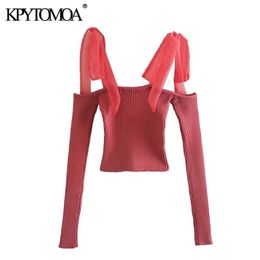 Women Fashion With Organza Straps Cropped Knitted Sweater Long Sleeve Female Pullovers Chic Tops 210420