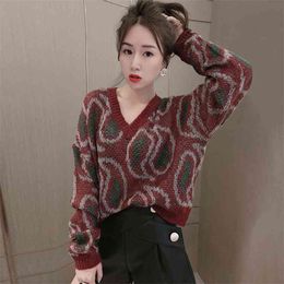 V-neck knitted sweater women's long-sleeved loose-fitting autumn and winter pullover casual 210427