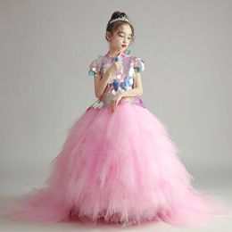 pink party gowns Canada - Girl's Dresses Flower Girl Illusion Elegant High Sequined Short Princess Floor-Length Tulle Lace Luxury Pink Cute Kids Party Gown H400