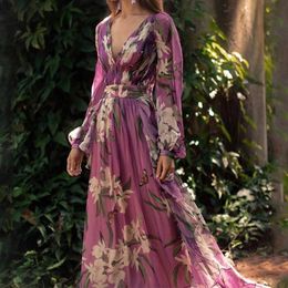 Summer Women Evening Dresses V Neck Long Sleeve Flroal Print Purple Dress 2021 New Prom Robe Holiday Beach Vestido