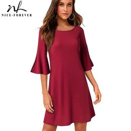 Nice-forever Summer Women Red Color with Flare Sleeve Dresses Casual Oversized Shift Dress 1btyT017 210419