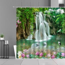 Shower Curtains Waterfall Landscape Green Plants Pink Lotus Flower Swan Forest Spring Scenery Bath Curtain Waterproof Home Decor