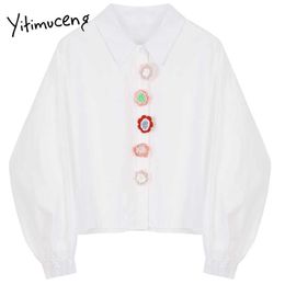 Yitimuceng Floral Button Blouse Women Vintage Shirt Loose Solid White Spring Fashion Long Sleeve Turn-down Collar Tops 210601