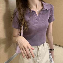 summer Women Tops Solid Color Lapel knit short sleeves Sweater Korean Style tops woman tshirts 210507