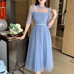 Summer Runway Polka Dot Blue Mesh Dress Women Sexy See-Through Half Sleeve Diamonds Belt High Waist Long Pleated Dresses 210416