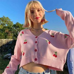 Embroidery cherry cardigans sweater women cute fashion pink pullovers autumn winter streetwear casual oversized jumper 210427