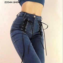 Sexy Skinny Cross Lacing up High Waist Pencil Jeans Women Slim Fit Stretch Denim Pants Full Length Tight Trousers 210429