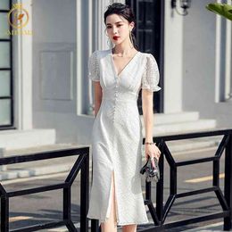 Arrival Summer French White Lace Hollow Out Dress Women's Temperament Mid-Length Sexy Split Mermaid Dresses 210520