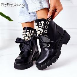 Boots Comfy Women Ankle Motorcycle Biker Pearl Platform High Heels Shoes Round Toe Zip Cross Tied Ladies Casual