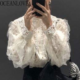 Korean Ins Vintage Women Blouses Stand Collar Lace Blusas Mujer Solid Hollow Out Romantic Shirts Spring 14566 210415