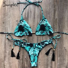 Floral print tassel swimwear women Bandage swimsuit push up two pieces triangle bikini sets bathing suit beach wear 210414