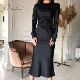 Spring Autumn Women Stain Plue Silk Shiny Long Sleeve Streewear Party Pencil Dress Large Size XXL 210415