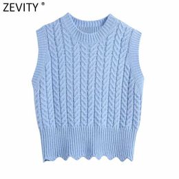 Zevity Women Solid Color Crochet Casual Slim Short Knitting Vest Sweater Female Chic O Neck Sleeveless Waistcoat Tops SW697 210603