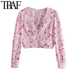 Women Fashion With Buttons Floral Print Cropped Blouse Vintage Deep V Neck Long Sleeve Female Shirts Chic Tops 210507