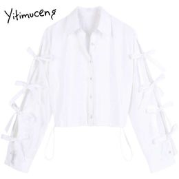 Yitimuceng Button Up Blouse Women Bow Lace Up Casual Turn-down Collar White Shirts Summer Fashion Clothing Ladies Tops 210601