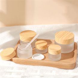 Frosted Glass Jar Skin Care Eye Cream Bottle Refillable Jars Empty Cosmetic Container Pot with Plastic Wood Grain Lids 5g 10g 15g 20g 30g 50g