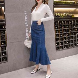 Spring Denim Skirt Women Mermaid Trumpet Suspender Overalls Ruffles Mid-calf Empire High Waist Jeans Plus Size B02001B 210421