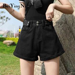 Vintage High Waist Korean Short Jeans for Girls Washed Crimping Loose Oversized Shorts Denim Women Gray Apricot Black 210506