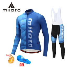 2024 miloto Blue Team Winter Cycling Jersey Set Bicycle Clothing Breathable Men Thermal Fleece Long Sleeve Shirt Bike bib Pants B10