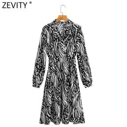 Zevity Women Vintage Turn Down Collar Abstract Print Elastic Waist Kneeth Shirt Dress Female Chic Long Sleeve Vestido DS4679 210603