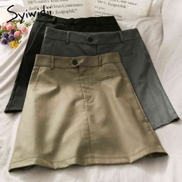 Syiwidii Vintage Pleated High Waist Skirt Women Button Casual A-Line Solid Black Spring Summer Korean Fashion Mini Skirts 210417