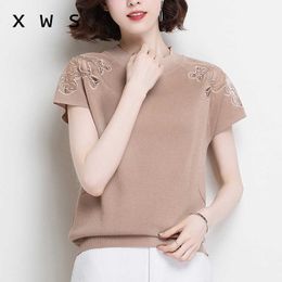 Summer Women sexy lace Pullover Tops Short Sleeve Fashion Pull Femme Hiver Elegant Ladies Knitwear oversize sweater 210604