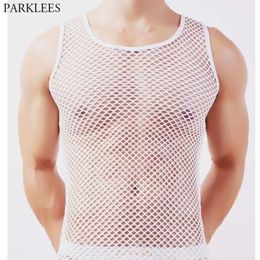 Men's Fashion Sexy Mesh See Through Tank Top T-shirt Gym Training Workout Perspective Sleeveless T Shirts Male Bodybuilding Tees 210522