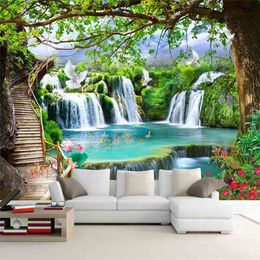 Green Big Tree Waterfall Nature Landscape Wall Painting Custom 3D Po Wallpaper For Living Room TV Background Mural De Parede 210722