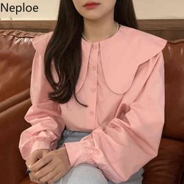 Neploe Women Blouse Solid Elegant All-match Tops Spring Korean Big Lapel Single Breasted Shirt Loose Lantern Sleeve Blusas Mujer 210422