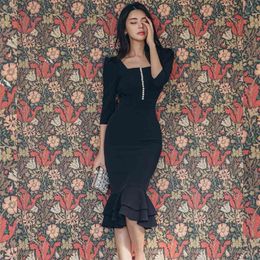 autumn and winter ladies fashion temperament is thin, buttocks bottoming ruffle dress Office Lady Sheath 210416