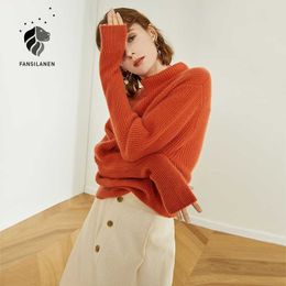 FANSILANEN Orange vintage knitted sweater pullover Women long sleeve turtleneck jumper Female autumn winter oversized knitwear 210607