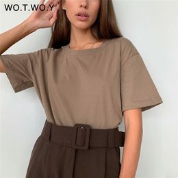 WOTWOY Summer Loose Basic Tee Shirt Women Knitted Cotton Solid T-Shirt Women O-Neck Casual Korean Tops Female Harajuku New 210330