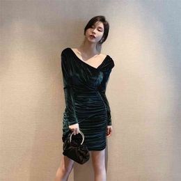 fall long sleeve velvet slim dress Office Lady Polyester Sheath Full Knee-Length V-Neck Zippers 210416