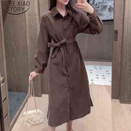 vintage women maxi dress with belt Autumn Korean button Cardigan dresses Long Sleeve Single-breasted 1 210417