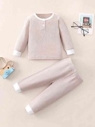 Baby Half Button Waffle Knit Pullover & Sweatpants SHE