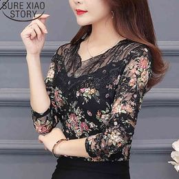 Fashion Autumn Elegant Casual Blouse Lace Clothing Floral Long Sleeve V-neck Women Shirts Plus Size 5486 50 210415