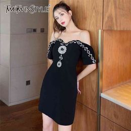 Off Shoulder Patchwork Diamond Dress For Women Slash Neck Short Sleeve High Waist Black Dresses Female Fashion 210520