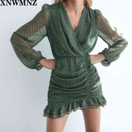 women metallic thread draped dress mini crossover V neck long sleeves gathered hem with ruffles invisible zip 210520