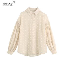 BBWM Women Fashion Dot Loose Polka Dot Blouses Vintage Long Sleeve Buttons Shirts Female Chic Tops 210520