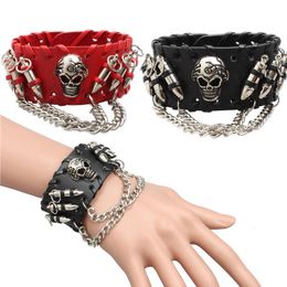 Bangle Fashion Gothic Punk Skull Metal Leather Bracelet Men Bracelets & Bangles Male Arm Jewelry Red And Black 2022 Accessor