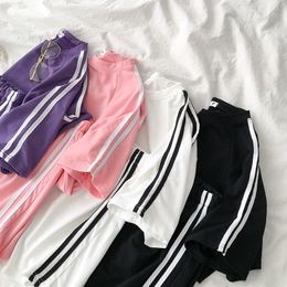 Casual Tracksuit Two Piece Outfits Side Striped Pant Set Summer Short Sleeve T-shirt + High Waist Shorts Purple Matching Sets X0428