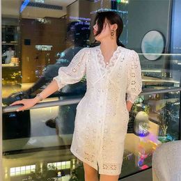 summer harvest waist slimming temperament lace dress Office Lady Polyester Sheath Zippers 210416