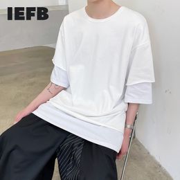 IEFB Men's Design Causal T-shirts Double Patchwork Design Mid Length Round Collar Summer Short Sleeve Tee Tops 9Y7003 210524