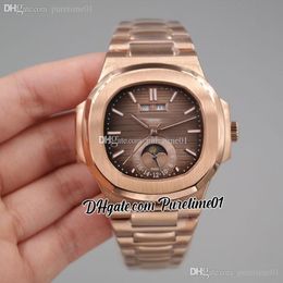 2022 5726 Annual Calendar Moon Phase Automatic Mens Watch Rose Gold Silver Textured Dial Stick Stainless Steel Bracelet 8 Styles Watches Puretime01 E18SS-g8