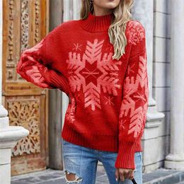 Autumn Winter Christmas Sweater Casual Snowflake Pattern Jacquard Turtleneck Pullover Knitting Shirt jumper Women's 210508